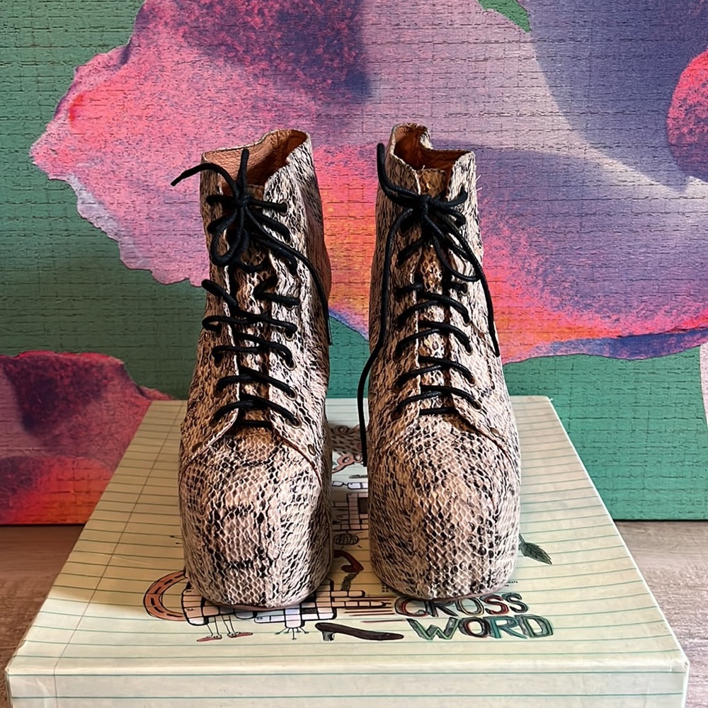 Excellent Condition Jeffrey Campbell Lita Boot in Tan/Black Snakeskin